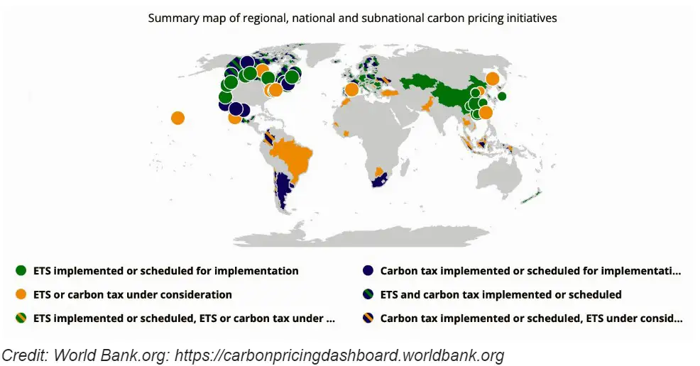 Summary world map of carbon pricing and carbon trading. Cap and trade