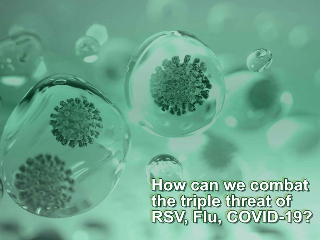 An image with a green cast of viruses, RSV, COVID-19, flu in respiratory droplets. 