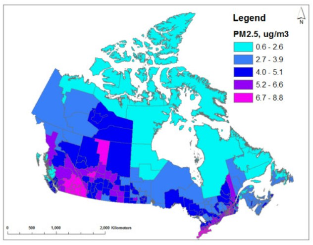 A coloured map of Canada showing PM 2.5 levels, from turquoise representing the lowest levels in Northern Canada, to light blue showing moderate levels in the Yukon, Southern Manitoba, Northern Ontario and the Maritimes, to Fuchsia representing the highest levels of PM 2.5 from 6.7-8.8 ug/m3 in Alberta, Southern British Columbia, and Southern Ontario.  