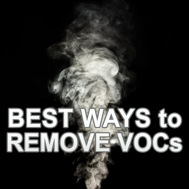 Smoke appears over a black background. In the foreground white text with a gray outline and bezel reads Best Ways to Remove VOCs