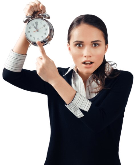 a woman is holding up a clock with bells on top of it with one hand and pointing to the time with her other hand. She looks stressed-out 