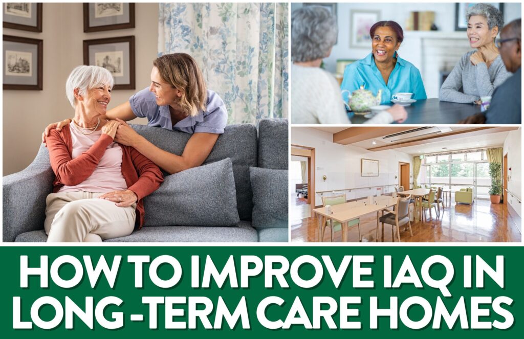 A mosaic of three pictures. The first shows a caregiver with her arm on a long-term care home resident's shoulder. The resident is sitting on a grey sofa. The second picture shows a meeting of three women and a man in glasses having a meeting and drinking tea. The final picture shows an activities room with a wooden floor. The sun is shining into the room. There are no people in the room. There are light coloured wood tables and light green and grey chairs. 