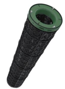 CamCarb XG is an cylinder-shaped gas phase air filter. It is black with a green top. The outside of the cylinder has a very intricate surface of lines and hexagonal patterns of metal on the outside
 