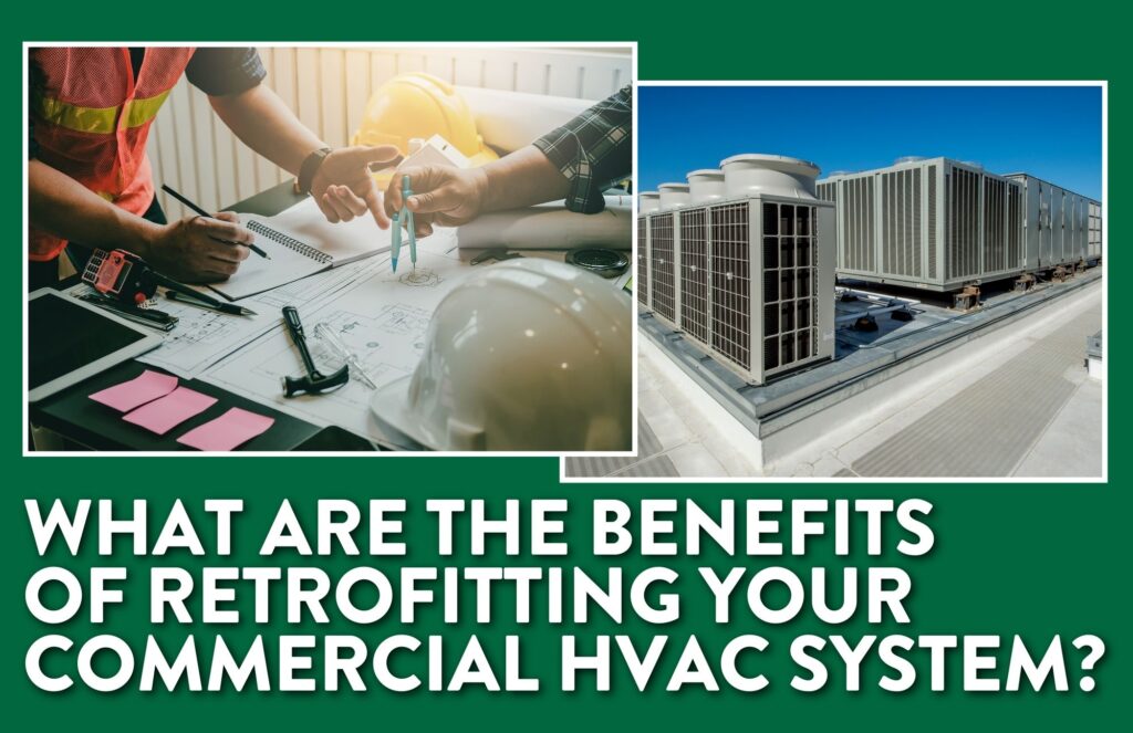 Two workers look over blueprints in the top left image. The image on the right shows a large commercial HVAC system on top of a roof.