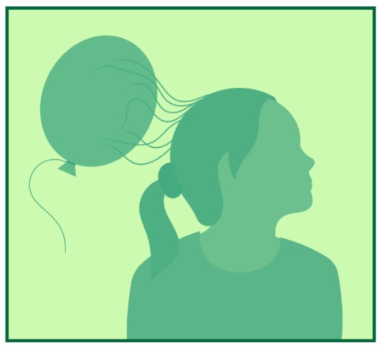 electrostatic effect illustrated with a girl having her hair stand up from the static of the balloon above here
 