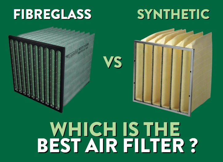 a bag style air filter on the left is a fibreglass filter and the bag filter on the right is synthetic. 