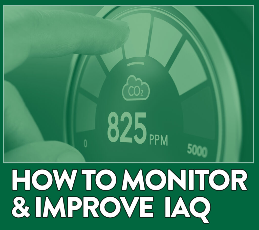 A finger touches the touch screen of an air quality monitor. CO2 is being measured. 