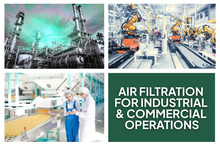 A gas plant is in the top left of the images. It is glowing from the gas. There are yellow robots in the image in the top right. They are working a line. In the bottom left there is a woman and a man discussing something in a food production plant. They are wearing hairnets. She is wearing blue overalls and he is wearing a lab coat. 
