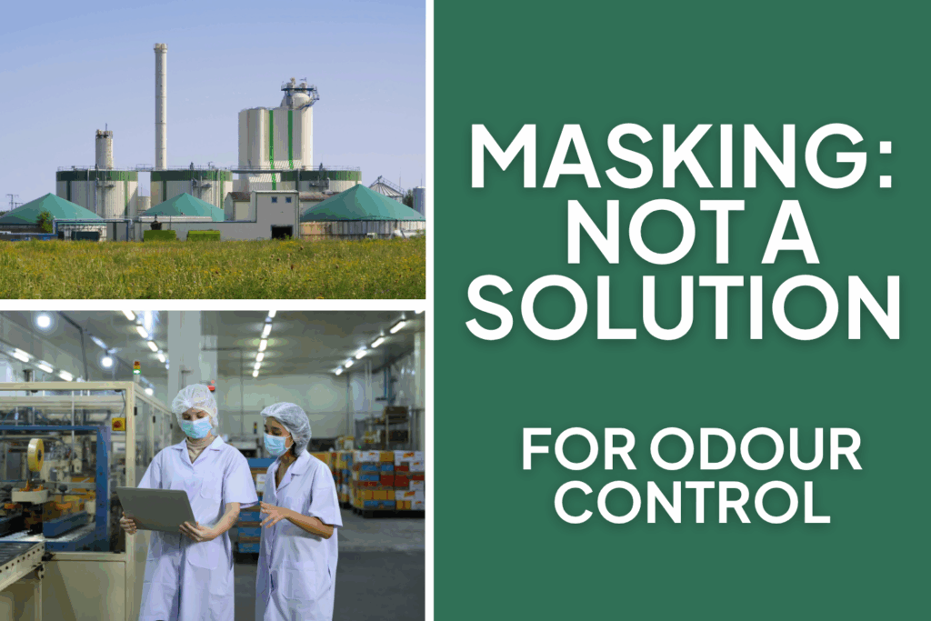 "Industrial odour control graphic showing a factory exterior and workers inside a production facility. Text on green background reads: 'Masking: No Solution for Odour Control,' emphasizing the need for proper air filtration and industrial odour management solutions."